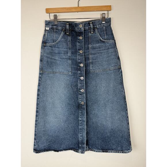 Citizens Of Humanity Midi Skirt Blue Denim Jean Buttons Womens sz 27 Slit Hem - Picture 2 of 10